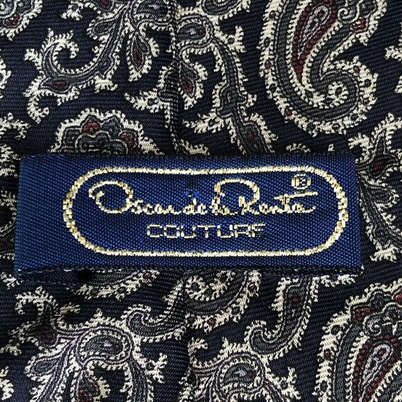 Vintage Oscar de la Renta Couture Tie Nay Blue Paisley Geometric Print Retro - Picture 5 of 6